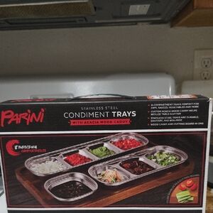 Parini Stainless Steel Condiment Trays with Acacia Wood Caddy